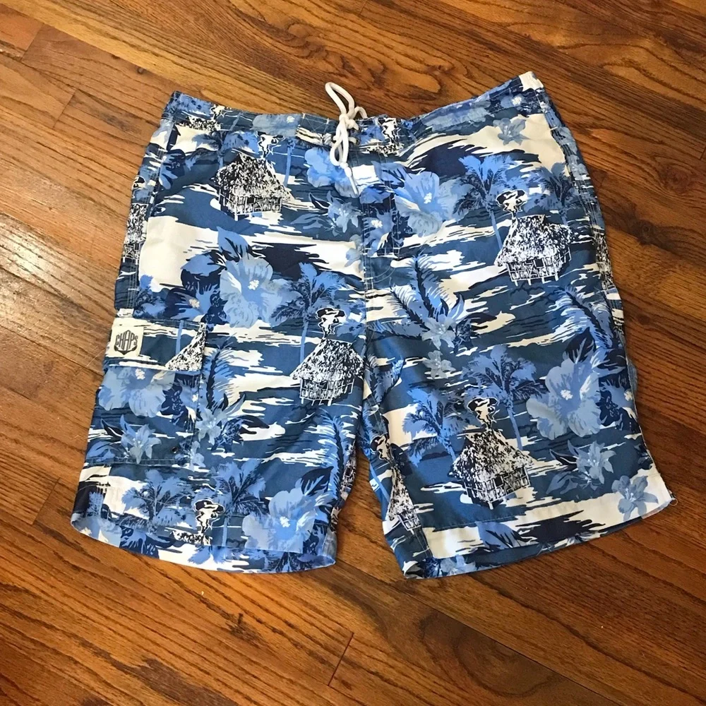 Chaps Swim Trunks Swimming Shorts Flower Floral Beach Large Velcro Tie Pockets